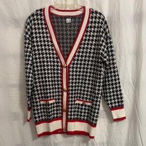 Chico's Black and White Houndstooth Cardigan with Red Trim